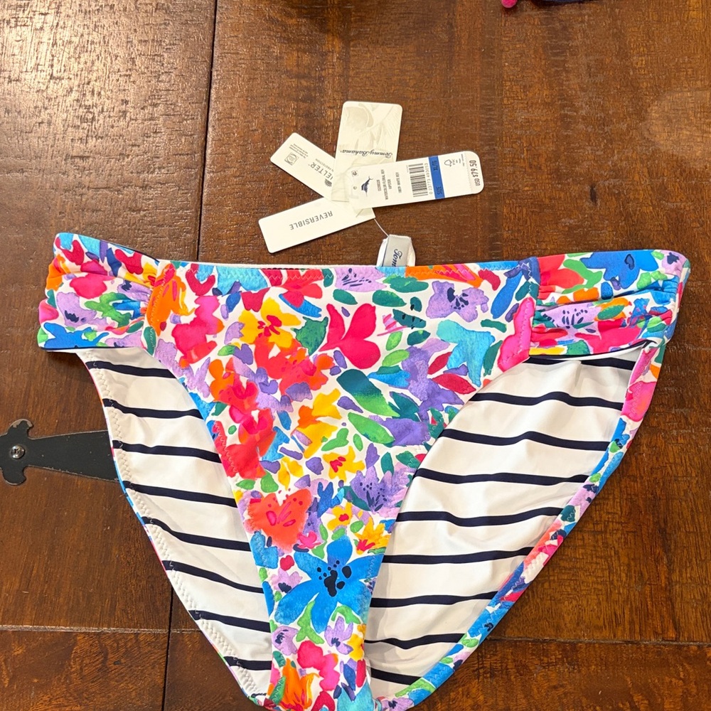 Tommy Bahama Watercolor Floral Reversible Navy Stripe Bikini Bottoms XL
